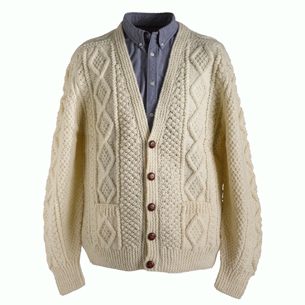Vintage Men's Irish Knit V-Neck Aran Cardigan in Oatmeal